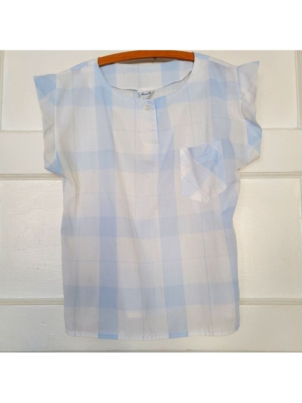 Vintage Blue Plaid Light Cotton Short Sleeve 60s Blouse Top